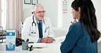 Discussion, checkup and doctor with woman in office for feedback on diagnosis plan. Talking, advice and mature healthcare worker with female patient for medical support at consultation in clinic.
