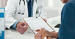 Medical, hands or people in clinic with form, discussion or advice for health insurance application. Healthcare, client or doctor in office with contract, hospital aid or question on wellness survey