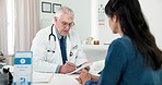 Woman, doctor and writing notes in office for checkup, medical symptoms and referral letter. Mature person, talk and questions of patient history, healthcare script and treatment planning for health
