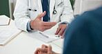Medical, hands or people with sick note, prescription paper and diagnosis letter in hospital. Healthcare, patient or doctor in clinic with results, treatment plan or writing symptoms in consultation
