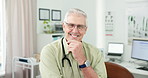 Doctor, mature man and arms crossed with face in office with confidence for medical admin or online consulting. Person, medicine expert and portrait in clinic with smile, technology and healthcare