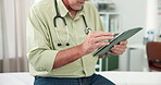 Doctor, man and hands in office with tablet for health insurance, scroll patient report or research. Healthcare worker, person and browse in clinic with tech for medical aid document, info or review.