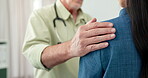 Doctor, hand and patient shoulder with empathy in office for comfort, recovery support and discussion. Healthcare worker, people and advice in consultation for compassion, understanding and kindness.