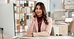 Happy, business woman and talking with phone call in office for online advice or consultation. Female person, consultant or friendly agent with smile on mobile smartphone for discussion or chat