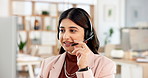 Call center, happy and woman with headset, telemarketing or talking with contact for lead generation. Online, agent and person with mic for consultation, sales and discussion with computer in office