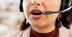 Call center, mouth and woman with mic, talking and discussion with contact for sales offer and chat. Office, consultant and person with headset for communication, lead generation and telemarketing