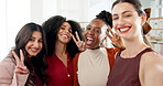 Face, women and selfie in office with peace sign for collaboration, marketing team or bonding together. Happy, people and group photography in workplace for advertising agency, creativity or support.