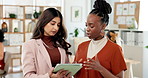 Digital marketing, review or women in agency with tablet, partnership or feedback on campaign pitch. Teamwork, coworking or content analyst in office with tech, advice or insight for brand promotion