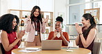 Team, applause and women with laptop, office and excited for ad campaign success, colleagues and win. High five, celebration and people with tech for digital marketing, clapping or achievement on web