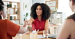 Creative, woman or handshake with people in meeting for client onboarding, campaign approval or deal. Contract agreement, social media manager or shaking hands in office for pitch success and welcome