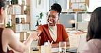 Meeting, business woman and handshake with people for client onboarding, campaign approval or deal. Contract agreement, social media manager or shaking hands in office for marketing offer and success