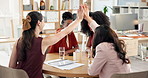 Team, high five and women with smile, office and excited for ad campaign success, colleagues and win. Business, celebration and people with laptop for digital marketing, collaboration and applause