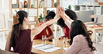 Excited, high five and women with smile, office and applause for ad campaign success, laugh and team. Business, celebration and people with laptop for digital marketing, collaboration and clapping
