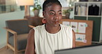 Computer, reading and report with business black woman in office for accounting or finance. PC, productivity and typing with African accountant at desk in financial workplace for portfolio review