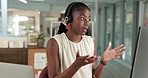 Consultant, contact us and black woman talk with computer for holiday guide, feedback or advice. Travel agent, tech or person speaking to customer for help, trip reservation or booking in call center