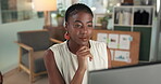 Computer, thinking and typing with business black woman in office for accounting or finance. PC, planning and reading with African accountant in financial workplace for review of stock portfolio