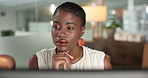 Computer, reading and thinking with business black woman in office for accounting or finance. PC, productivity and report with African accountant in financial workplace for online portfolio review