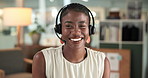Face, consultant and happy black woman in call center as holiday guide, business or travel agent. Contact us, headset and portrait of person for customer service, trip reservation and help desk