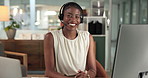 Face, contact us and happy black woman in call center as holiday guide, business or travel agent. Consultant, headset or portrait of person at help desk for customer service, trip reservation and crm