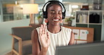 Video call, waving or black woman in office with headphones, webinar or feedback in client chat. Digital, greeting or consultant in agency with tech, online meeting or report update for stakeholder.