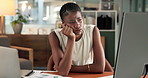 Frustrated, woman and reading with computer in office for data analysis fail, financial report or fatigue. Exhausted, black person and desktop with burnout for finance graphs, stats error or mistake.