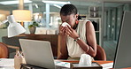 Woman, laptop and sneeze in office with tissue for influenza, sinus infection and data analysis. Sick, black person blowing nose and toilet paper with hayfever, virus symptoms and computer for stats.