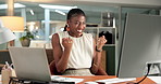 Computer, fist pump and success with business black woman in office for accounting or finance. Celebration, pc and typing with excited African accountant in financial workplace for portfolio growth
