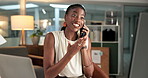 Phone call, computer or black woman talking in office, investment advice or international client update. Explain proposal, tech or financial advisor smile with profit idea, strategy or plan for trade