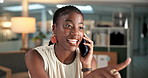 Phone call, smile or black woman in office with reading, networking or feedback in client chat. Digital, point or consultant in agency with tech, online communication or report update for stakeholder