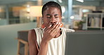 Tired woman, yawn and reading in office with computer, digital marketing project and deadline pressure. Black person, review and desktop with fatigue for advertising campaign, creativity and burnout.