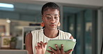 Tablet, typing and black woman in office for research on creative project with online blog. Digital technology, communication and African editor with email for feedback on publishing in workplace.