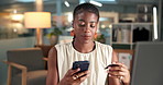 Scroll, smartphone and woman with credit card, office or ecommerce with discount on website at night. Working late, employee and black person with tech for cyber Monday, online shopping and sale