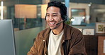Help desk, contact us and man talk with computer for IT feedback, assistance or advice at night. Tech support, smile and person speaking with technician for troubleshooting in call center on overtime