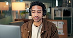 Video call, waving or man in office with headphones, webinar or feedback in client chat. Bokeh, greeting or business advisor in agency with computer, online meeting or report update for stakeholder.