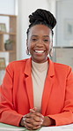 Smile, professional and face of black woman in office with confidence for creative career. Happy, about us and portrait of African female magazine editor with pride for job development in workplace.
