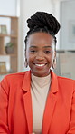 Happy, about us and face of black woman in office with confidence for creative career. Smile, professional and portrait of African female magazine editor with pride for job development in workplace.