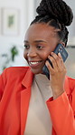 Office, phone call and woman with smile, talking and chat with contact for pr campaign or discussion. Business, publicist and black person with mobile for communication, happy and plan for project