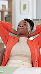 Smile, relax and stretching with business black woman in office for research, account and report. Budget review, online policy and calm with person in agency for investment returns and satisfaction
