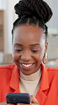 Break, laughing and black woman typing with phone in office, check notification or share funny video. Browsing internet, texting and person with smile for mobile app, comic chat or social media post