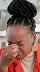 Eye strain, black woman and burnout in office with migraine, headache or stress. Anxiety, pressure and African person with brain fog in creative agency with massage, fatigue or pain in workspace