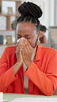 Sick woman, document or blowing nose with tissue in office for illness, disease or virus. Female person, sneeze or mucus with hayfever, infection or sinus for allergy season or influenza in workplace