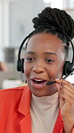 Call center, contact us and black woman in office for online consultation, advisory or help desk. Talking, mic and African female customer service consultant with technical support in workplace.