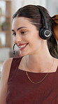 Telecom, woman and talking in call center with headset, client support and troubleshooting response. Person, coworking and discussion in workplace with tech for customer service, advice and feedback.