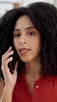 Talking, business woman and phone call in office for online interview, confirm facts and networking. Journalist, african person and contact source with tech for article update, story feedback or chat
