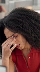 Eye strain, woman and burnout in office with migraine, headache or stress. Anxiety, pressure and frustrated female person with brain fog in creative agency with massage, fatigue or pain in workspace