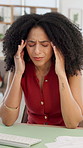 Headache, woman and burnout in office with migraine, frustrated or stress. Anxiety, pressure and female person with brain fog in creative agency with fatigue, strain or pain exhausted in workspace