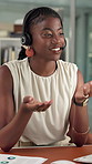 Consulting, feedback and headset with black woman in call center for assistance or help. Conversation, customer service and review with happy African employee in office for solution or support