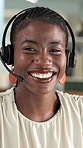 Consulting, face and headset with black woman in call center for assistance or help. Customer service, feedback and smile with happy African employee in office for solution or virtual support