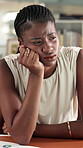 Tired, black woman and thinking in office with burnout, data analysis problem or financial stats error. Contemplating, exhausted person and analyst with fatigue, finance charts issue and frustration.