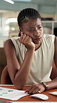 Bored, black woman and burnout in office with computer, data analysis problem and financial stats error. Exhausted, person and analyst with desktop for finance charts issue, typing report and review.